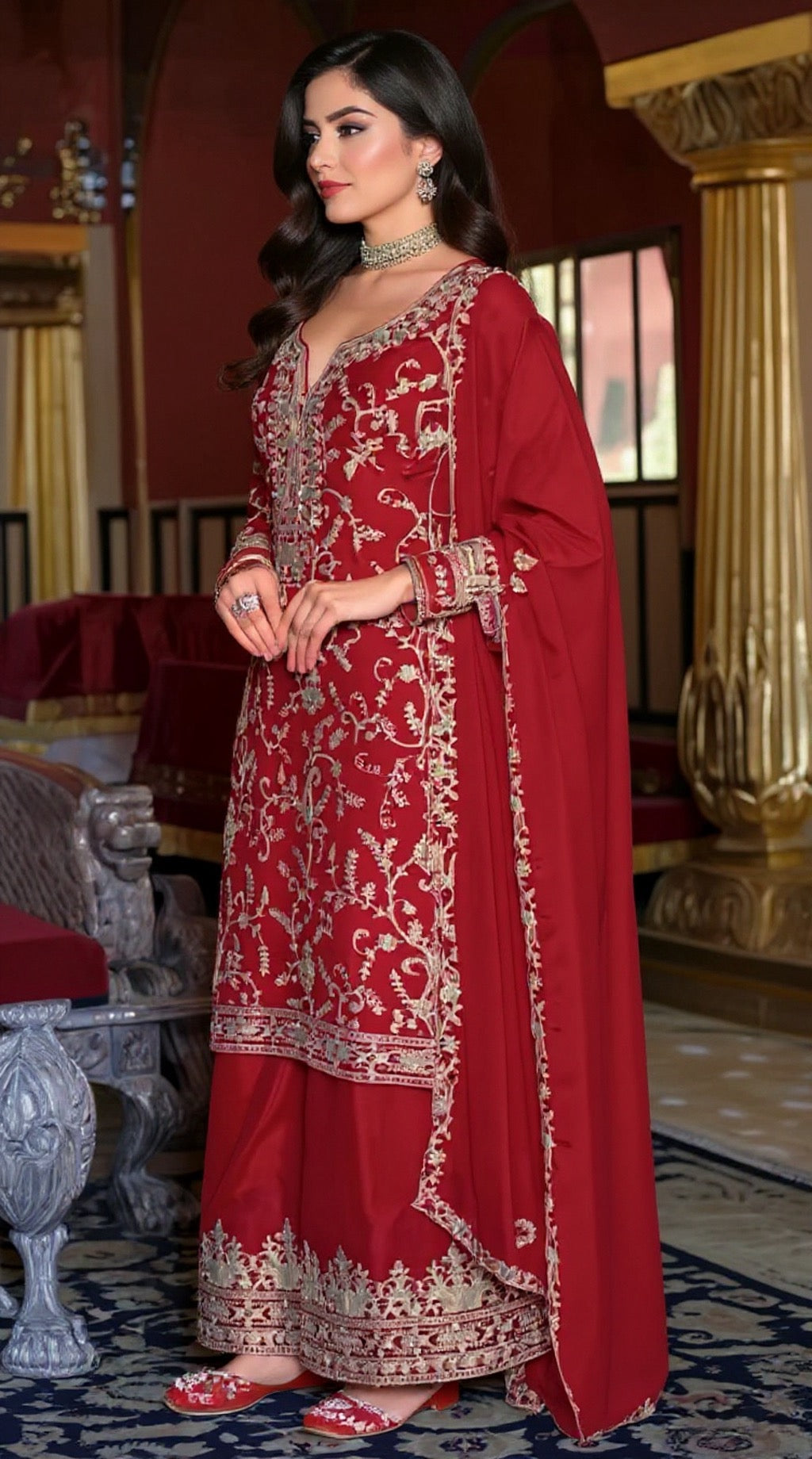 Red Chinon Suit - Elegant Ethnic Wear | Pooja Textile