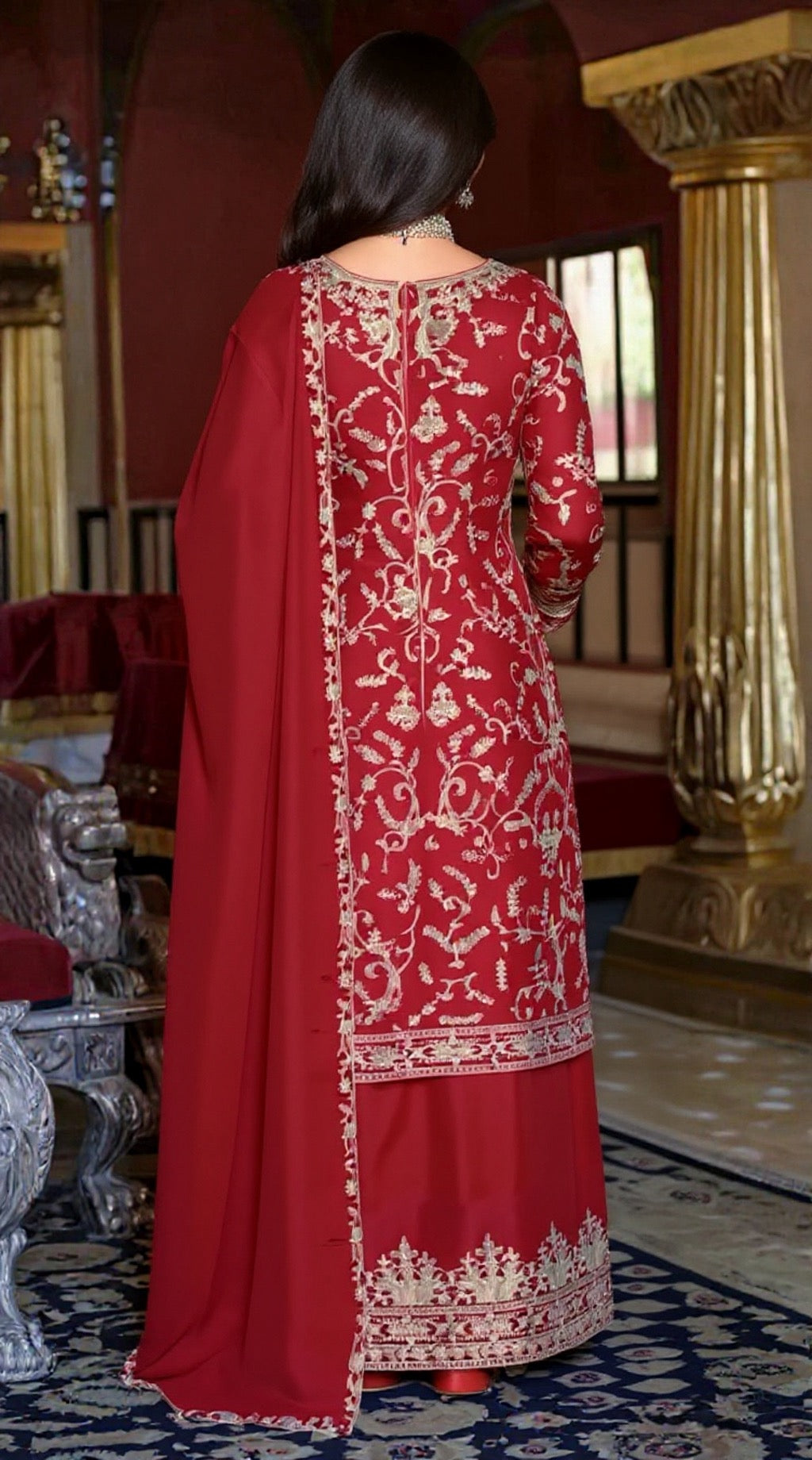 Red Chinon Suit - Elegant Ethnic Wear | Pooja Textile