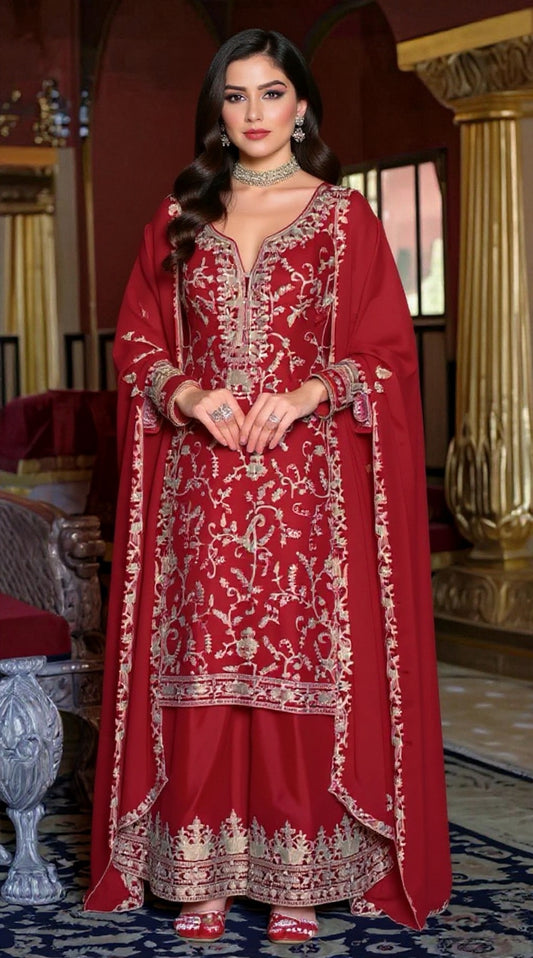 Red Chinon Suit - Elegant Ethnic Wear | Pooja Textile