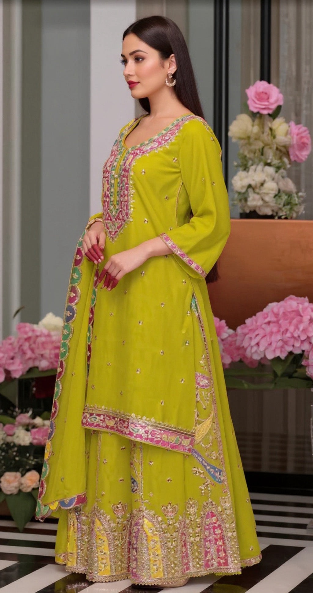 Bright Lime Green Chinon Fabric Suit - Premium Ethnic Wear | Pooja Textile