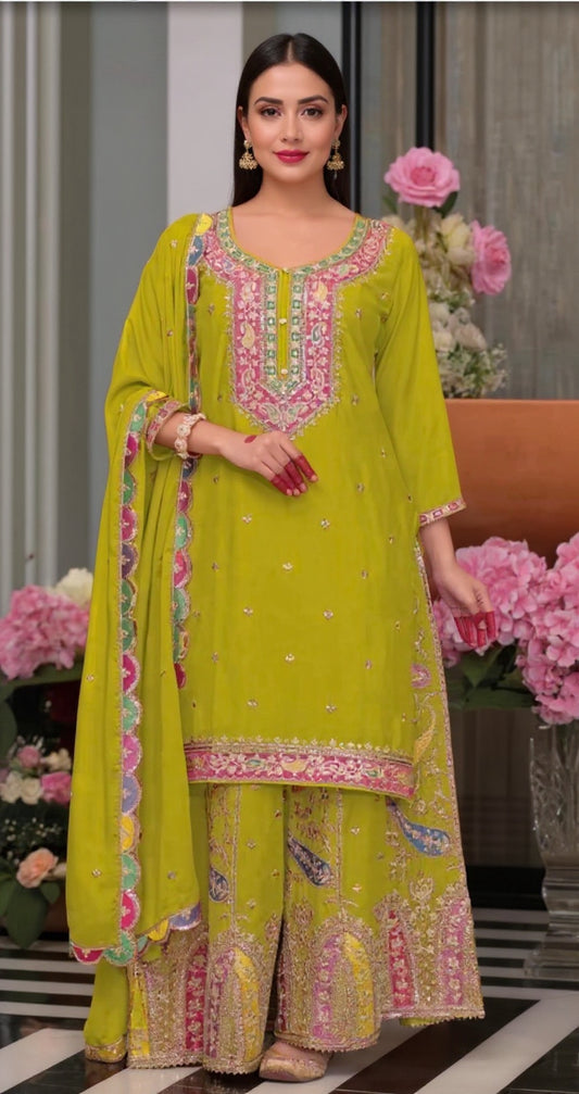 Bright Lime Green Chinon Fabric Suit - Premium Ethnic Wear | Pooja Textile
