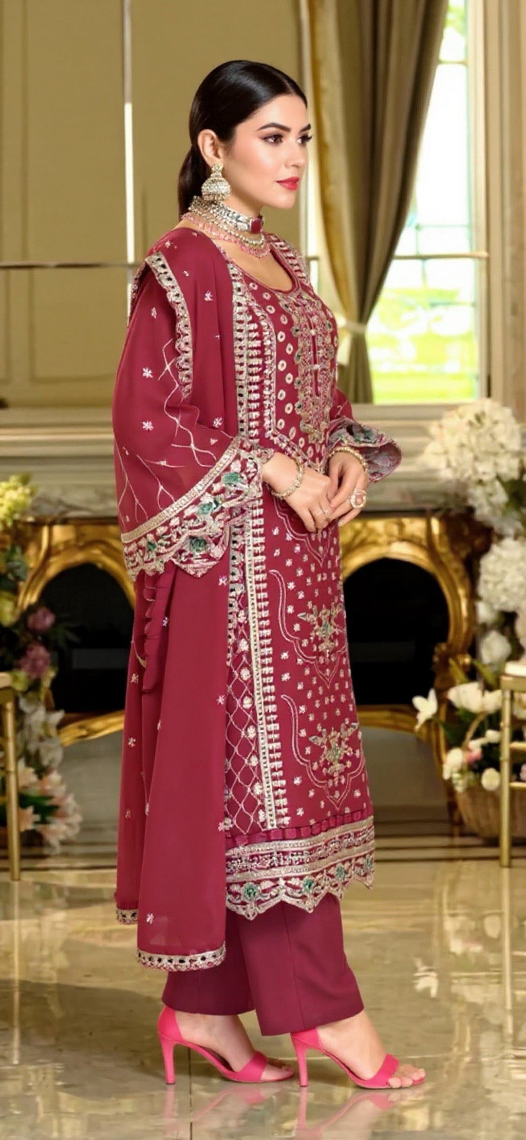 Maroon Embroidered Organza Suit Set - Complete Traditional Outfit | Pooja Textile