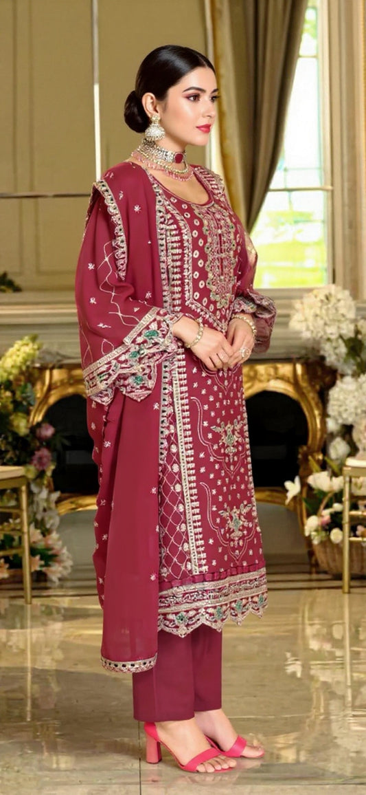 Maroon Embroidered Organza Suit Set - Complete Traditional Outfit | Pooja Textile