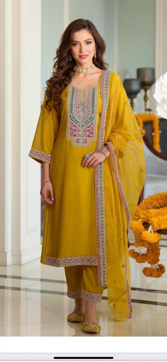 Blended Silk Mustard Color Suit Set - Premium Ethnic Wear