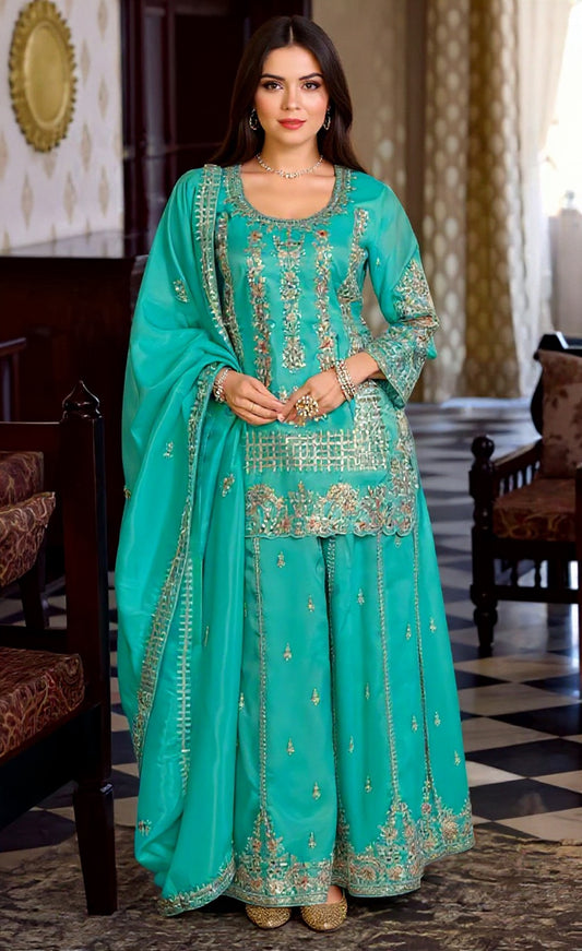 Teal Blended Silk Suit Set - Premium Ethnic Wear | Pooja Textile
