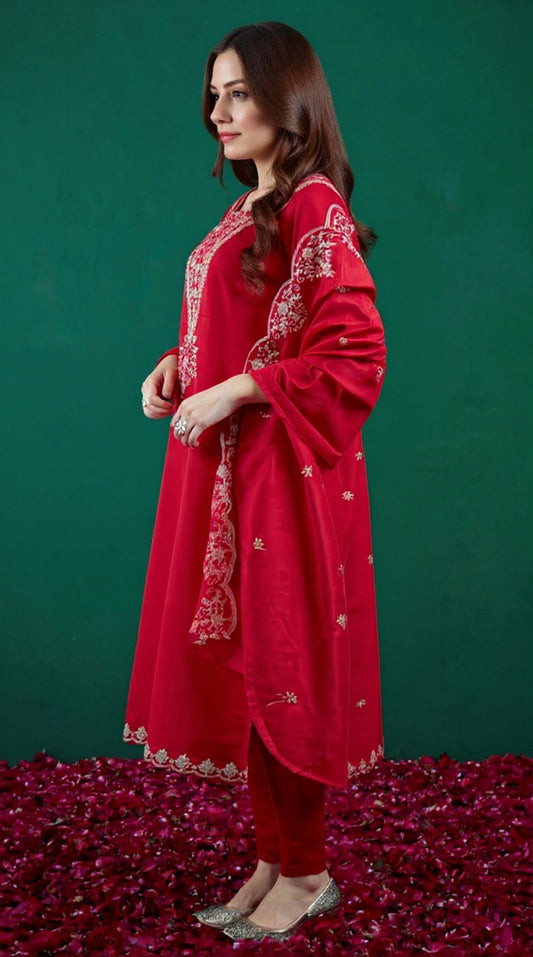 Red Embroidered Blended Silk Suit Set - Complete Traditional Outfit | Pooja Textile