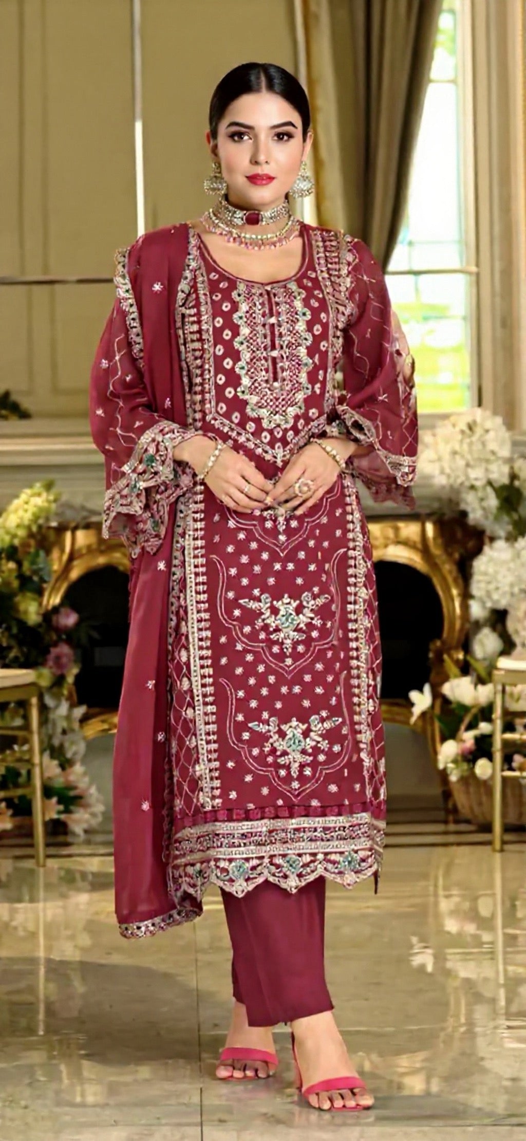 Maroon Embroidered Organza Suit Set - Complete Traditional Outfit | Pooja Textile