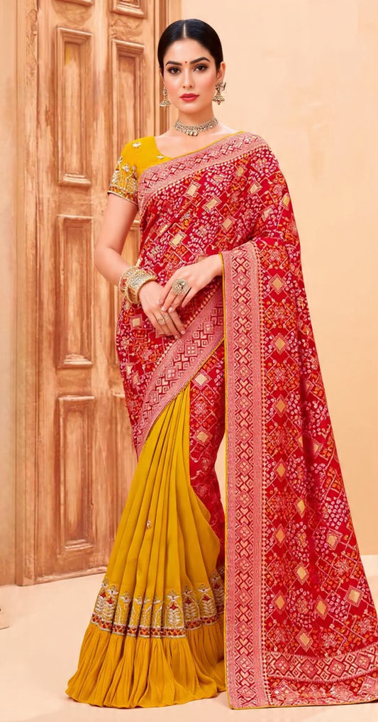 Red and Yellow Saree with Intricate Patterns - Traditional Indian Wear
