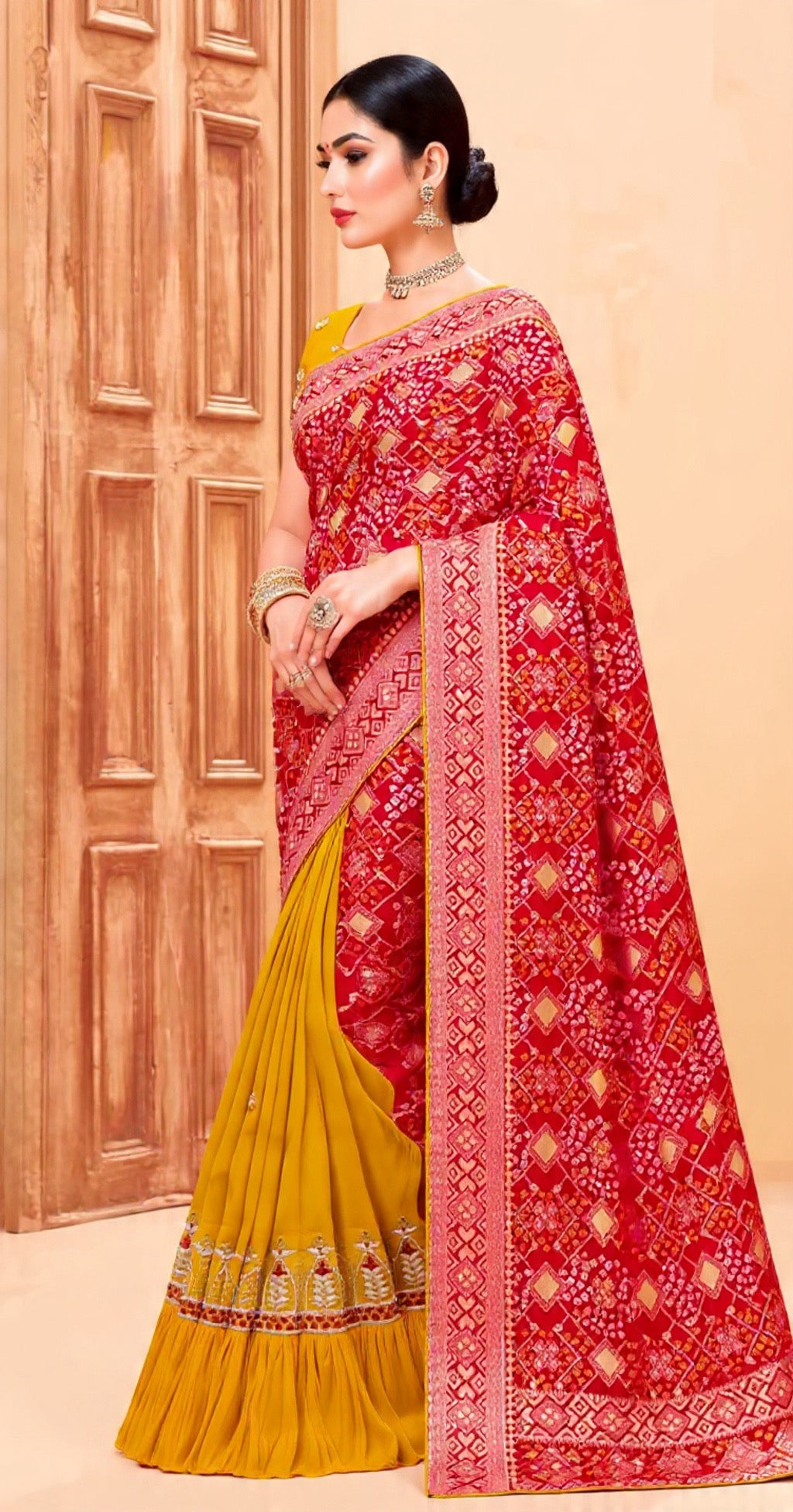 Red and Yellow Saree with Intricate Patterns - Traditional Indian Wear