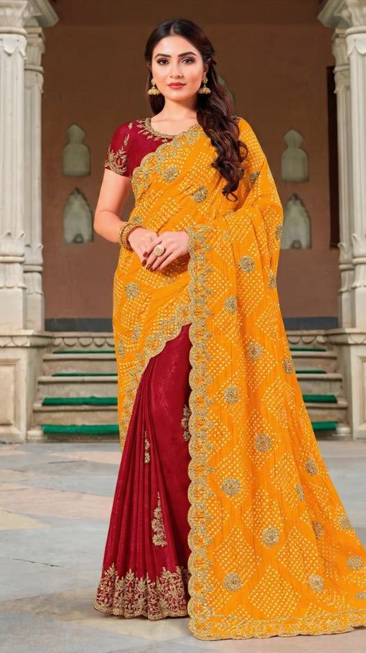 Yellow and Red Saree with Decorative Border - Pooja Textile