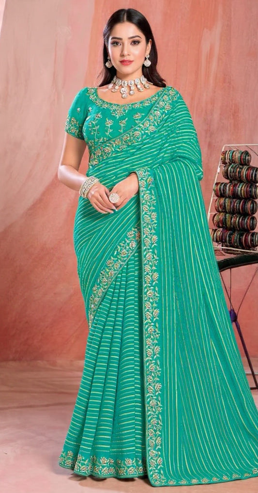 Green Mixed Fabric Embroidered Saree - Pooja Textile