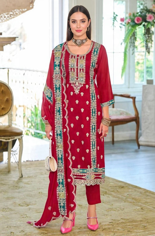 Red Embroidered Chinon Suit Set - Traditional Indian Ethnic Wear