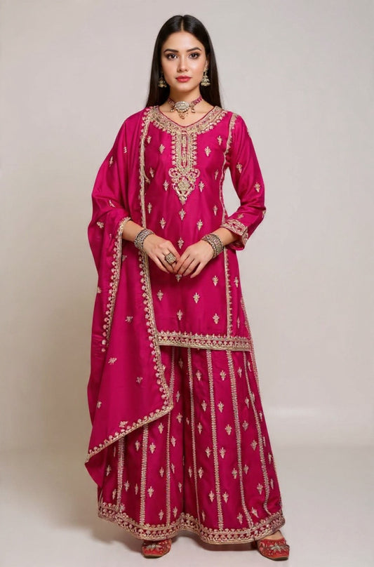 Pink Chinon Suit Set with Gold Embroidery - Traditional Indian Wear
