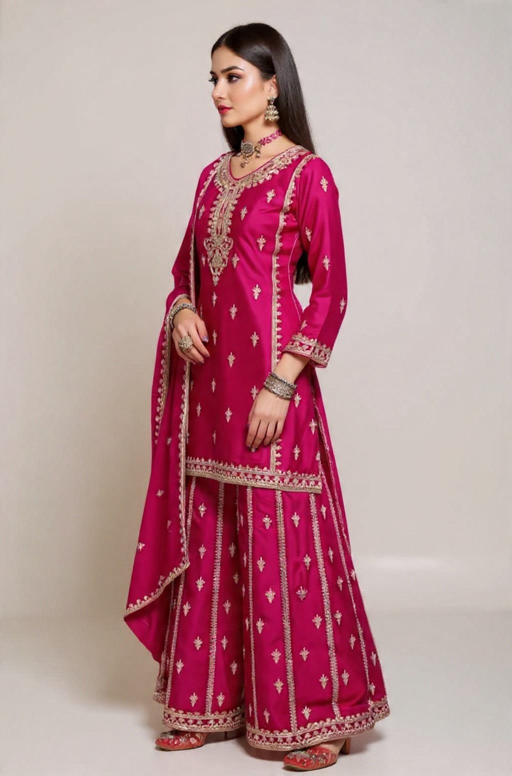 Pink Chinon Suit Set with Gold Embroidery - Traditional Indian Wear