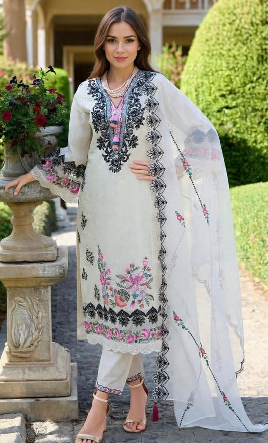 Women's Off-White Embroidered Pure Cotton Suit Set - Premium Quality
