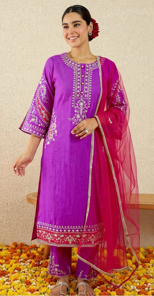 Women's Purple Embroidered Blended Silk Suit Set - Luxury Collection