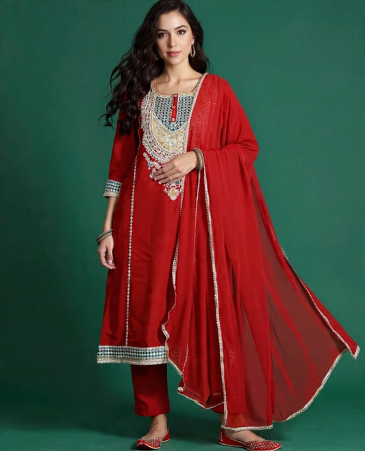 Women's Red Traditional Embroidered Blended Silk Suit Set - Festive Collection