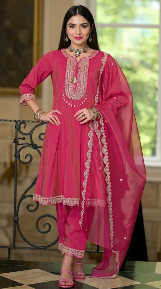 Women's Pink Traditional Embroidered Blended Silk Suit Set - Festive Wear