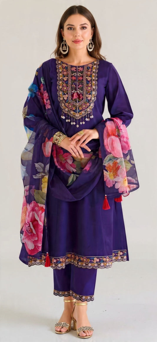 Women's Purple Embroidered Floral Cotton Suit Set - Comfortable & Elegant