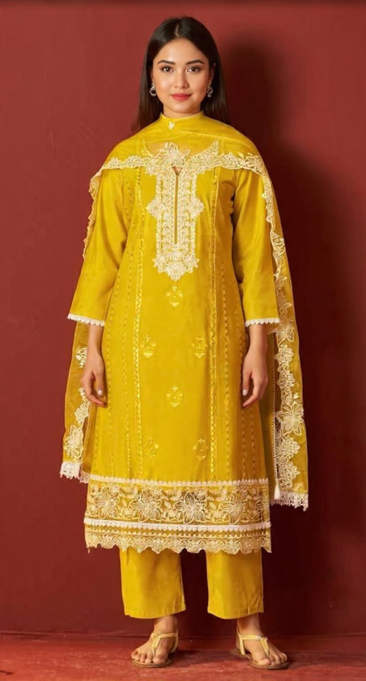 Yellow Embroidered Traditional Silk Suit Set - Pooja Textile