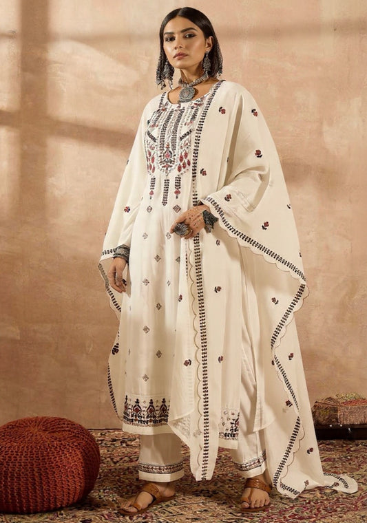 Women's White Embroidered Traditional Pure Cotton Suit Set - Festive Wear