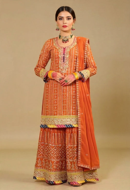 Orange Traditional Chinon Fabric Suit Set with Intricate Patterns - Ethnic Wear
