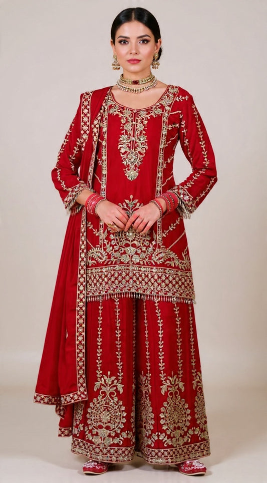 Red Embroidered Traditional Chinon Fabric Suit - Elegant Indian Wear