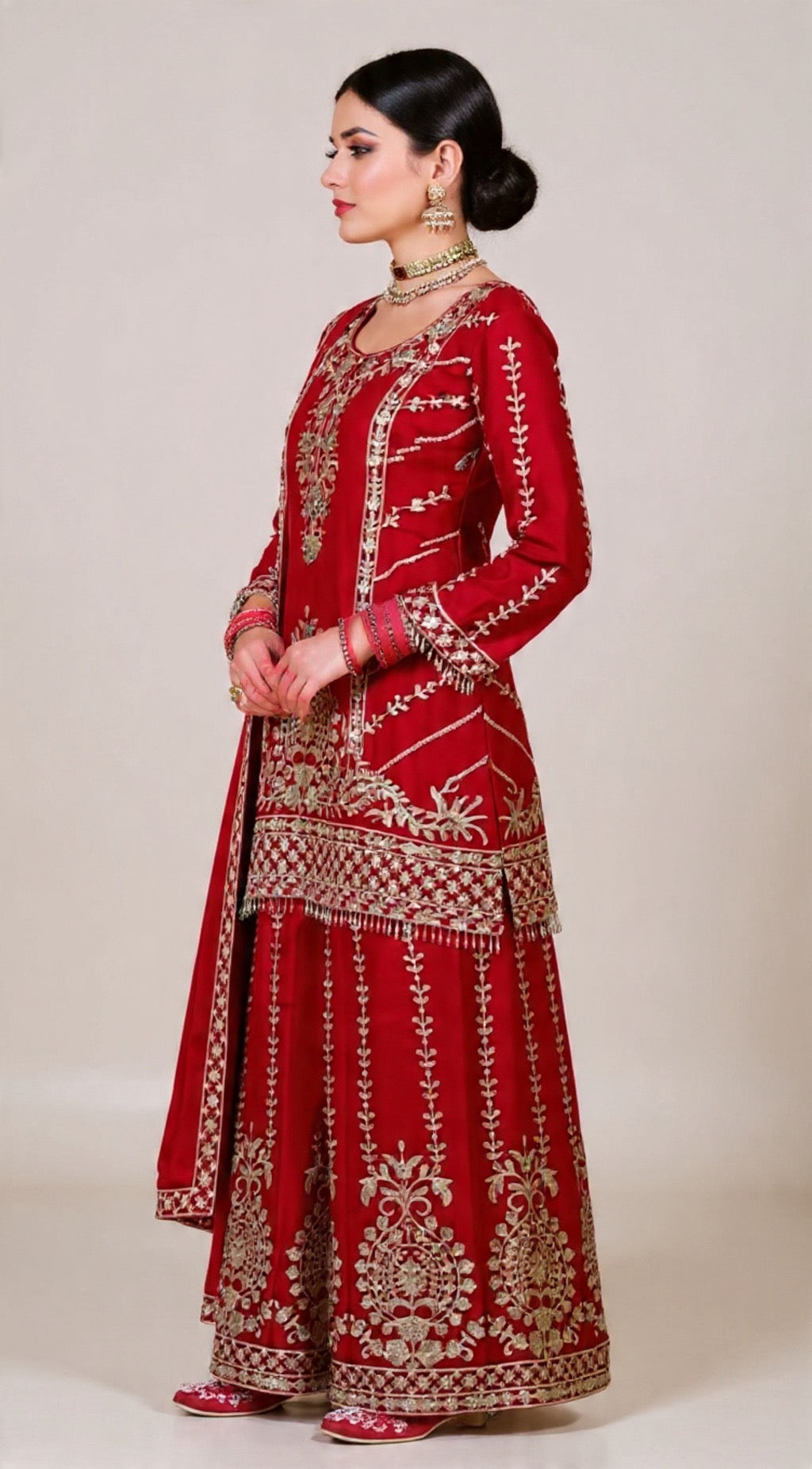 Red Embroidered Traditional Chinon Fabric Suit - Elegant Indian Wear