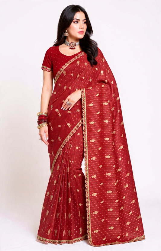 Red Saree with Gold Patterns Mix Fabric Embroidery Work - Pooja Textile