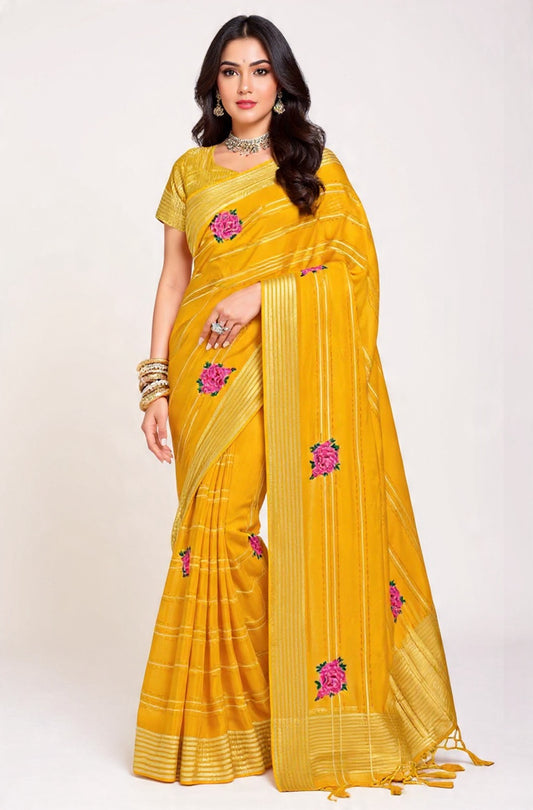 Yellow Embroidery Work Mix Fabric Saree - Pooja Textile