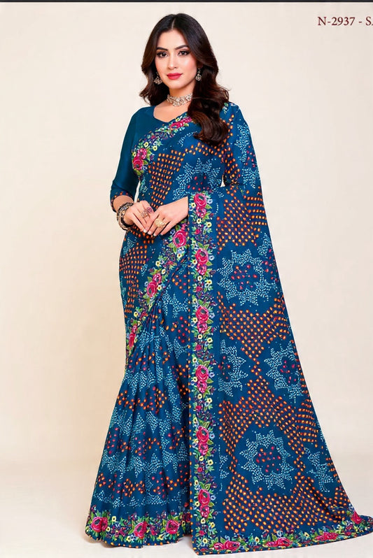 Blue Floral Saree Mix Fabric Embroidery Work - Pooja Textile