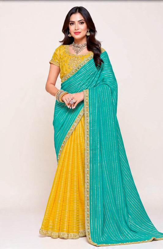 Yellow and Green Saree with Embroidery Work - Pooja Textile