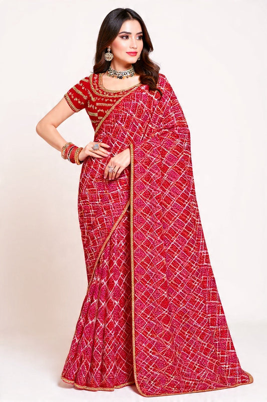 Red Saree with White Pattern Embroidery Work - Pooja Textile