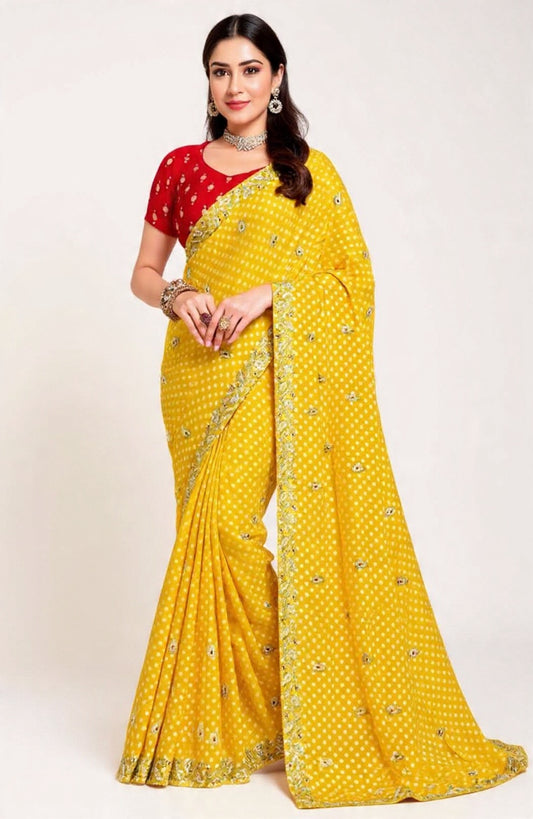 Yellow Saree with Red Blouse Embroidery Work - Pooja Textile