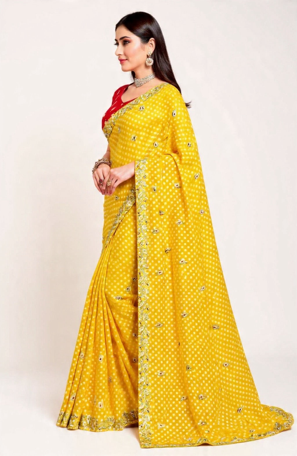 Yellow Saree with Red Blouse Embroidery Work - Pooja Textile