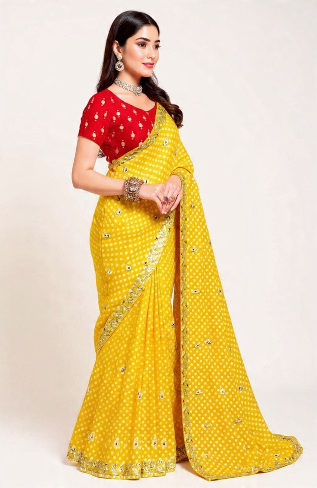 Yellow Saree with Red Blouse Embroidery Work - Pooja Textile