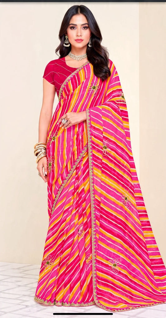 Pink and Yellow Pattern Embroidery Work Saree - Pooja Textile