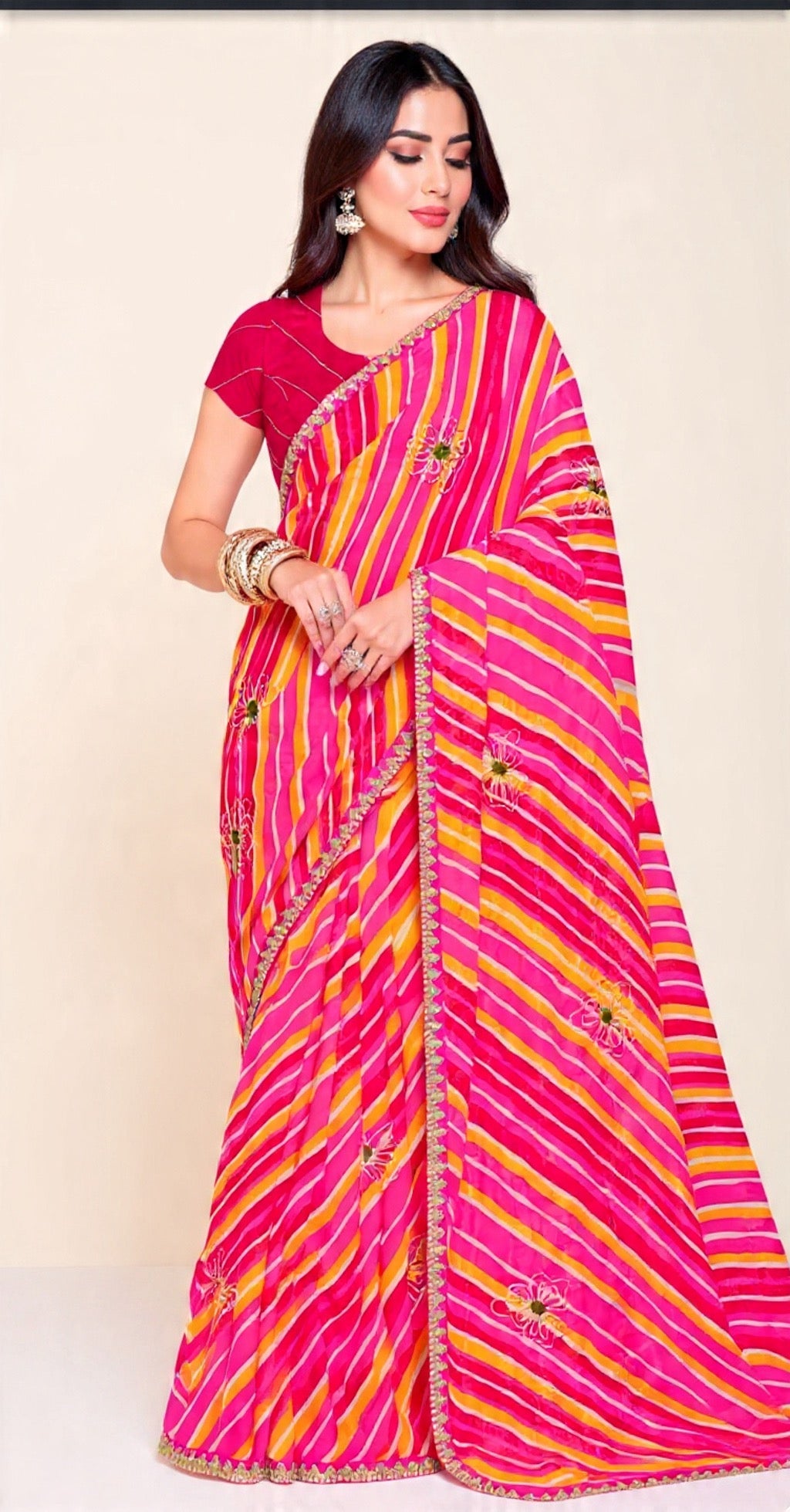 Pink and Yellow Pattern Embroidery Work Saree - Pooja Textile