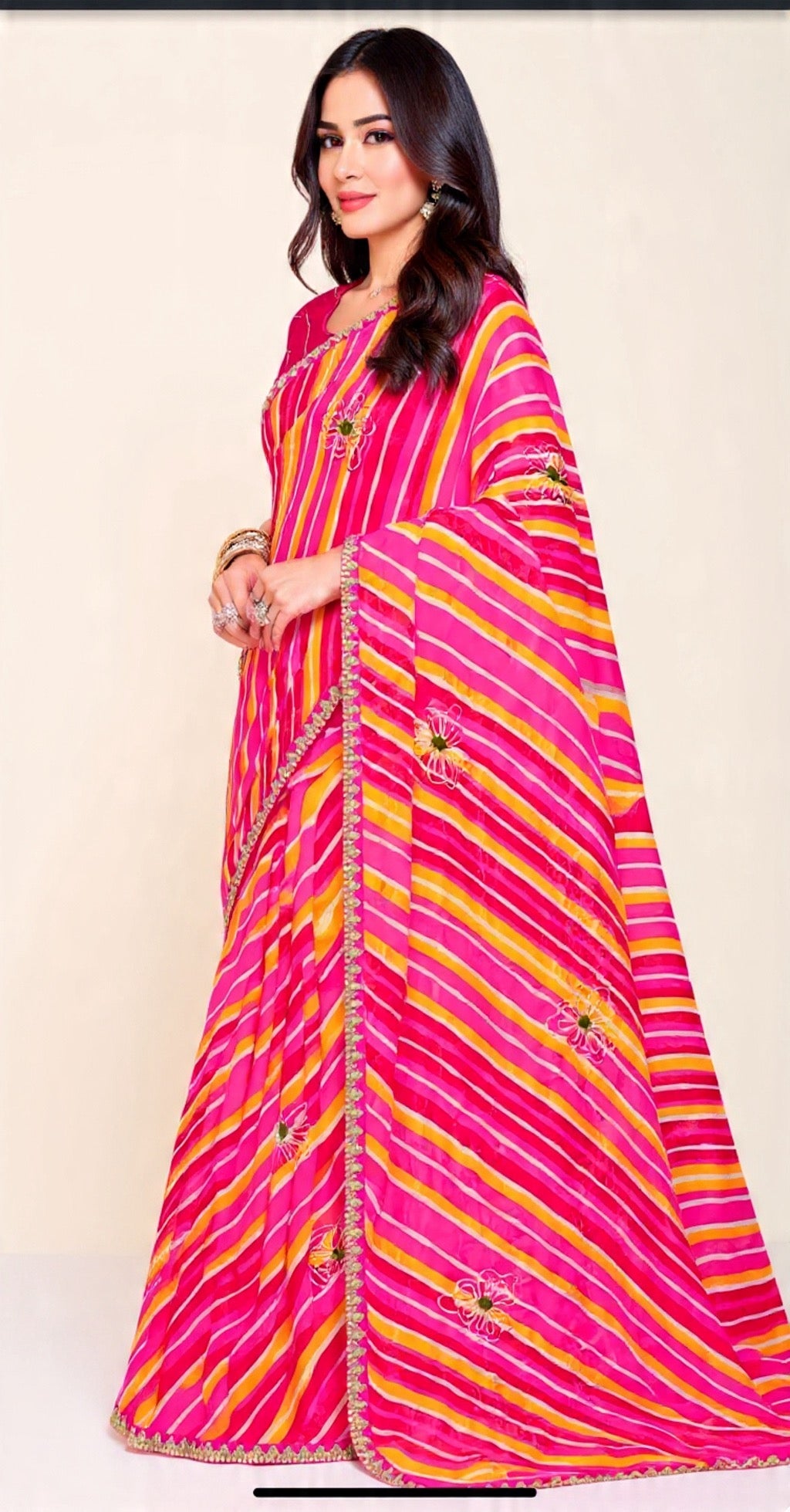 Pink and Yellow Pattern Embroidery Work Saree - Pooja Textile