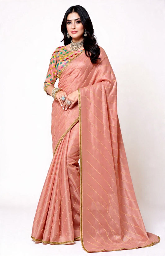 Peach Saree with Embroidery Work - Pooja Textile