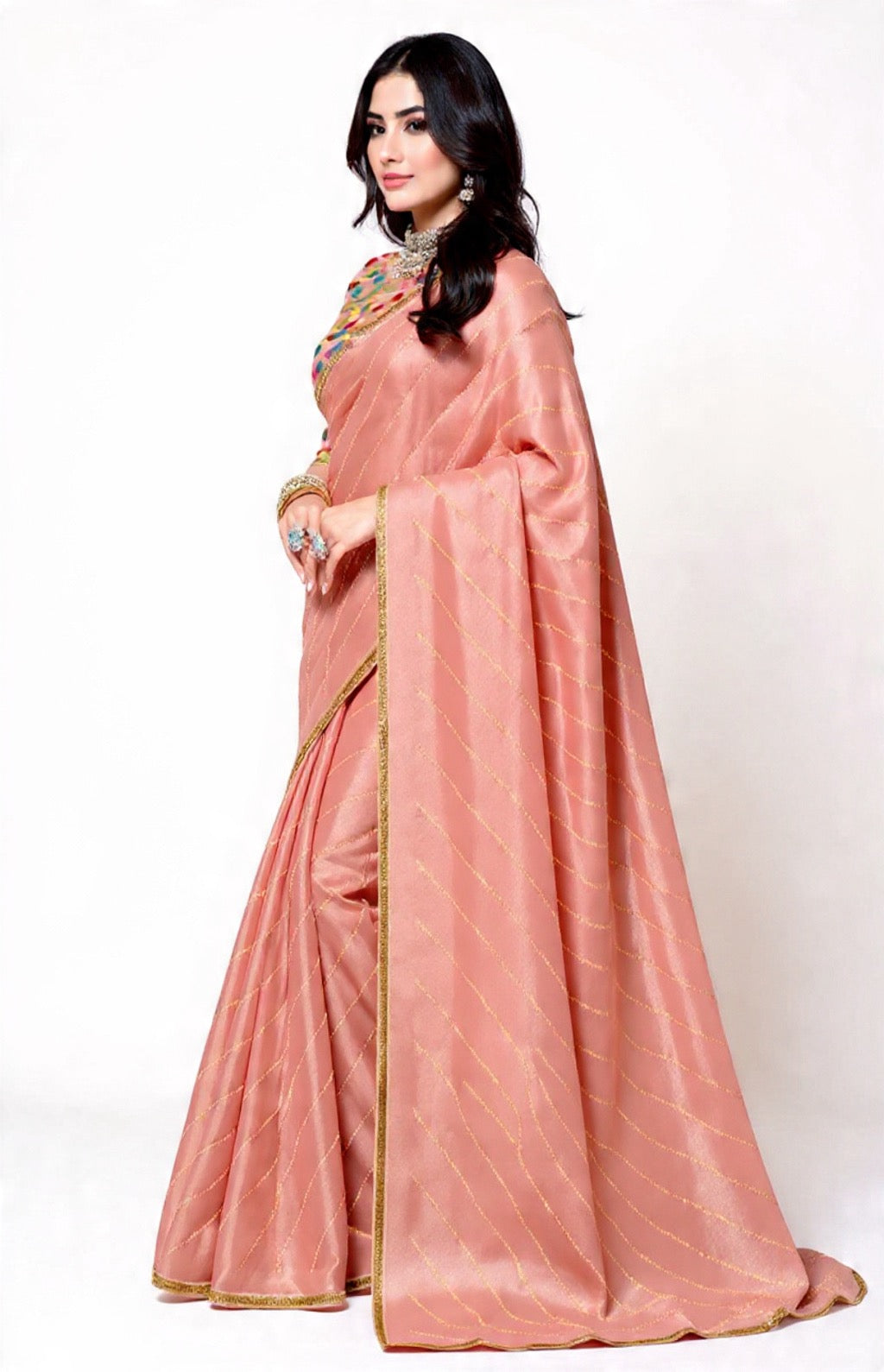 Peach Saree with Embroidery Work - Pooja Textile