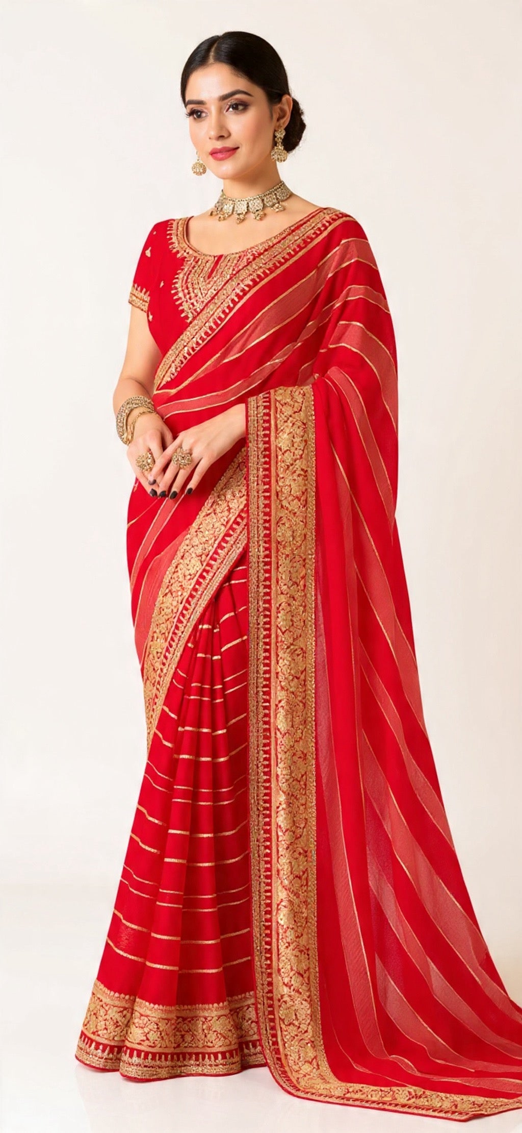 Red Saree with Gold Border Weaving Work - Pooja Textile