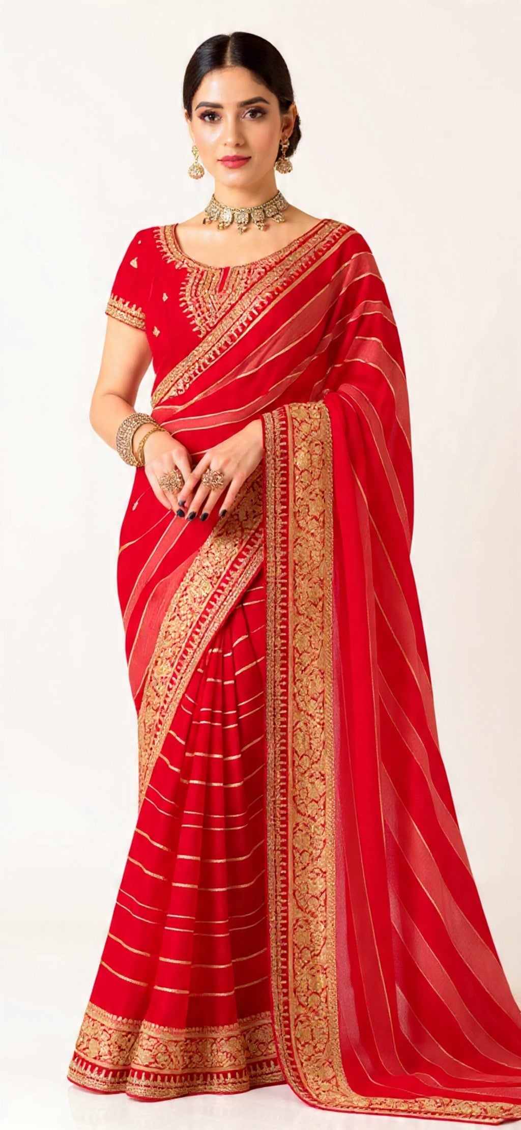 Red Saree with Gold Border Weaving Work - Pooja Textile