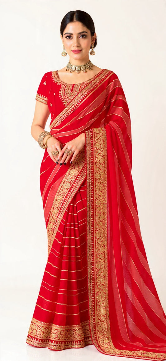 Red Saree with Gold Border Weaving Work - Pooja Textile