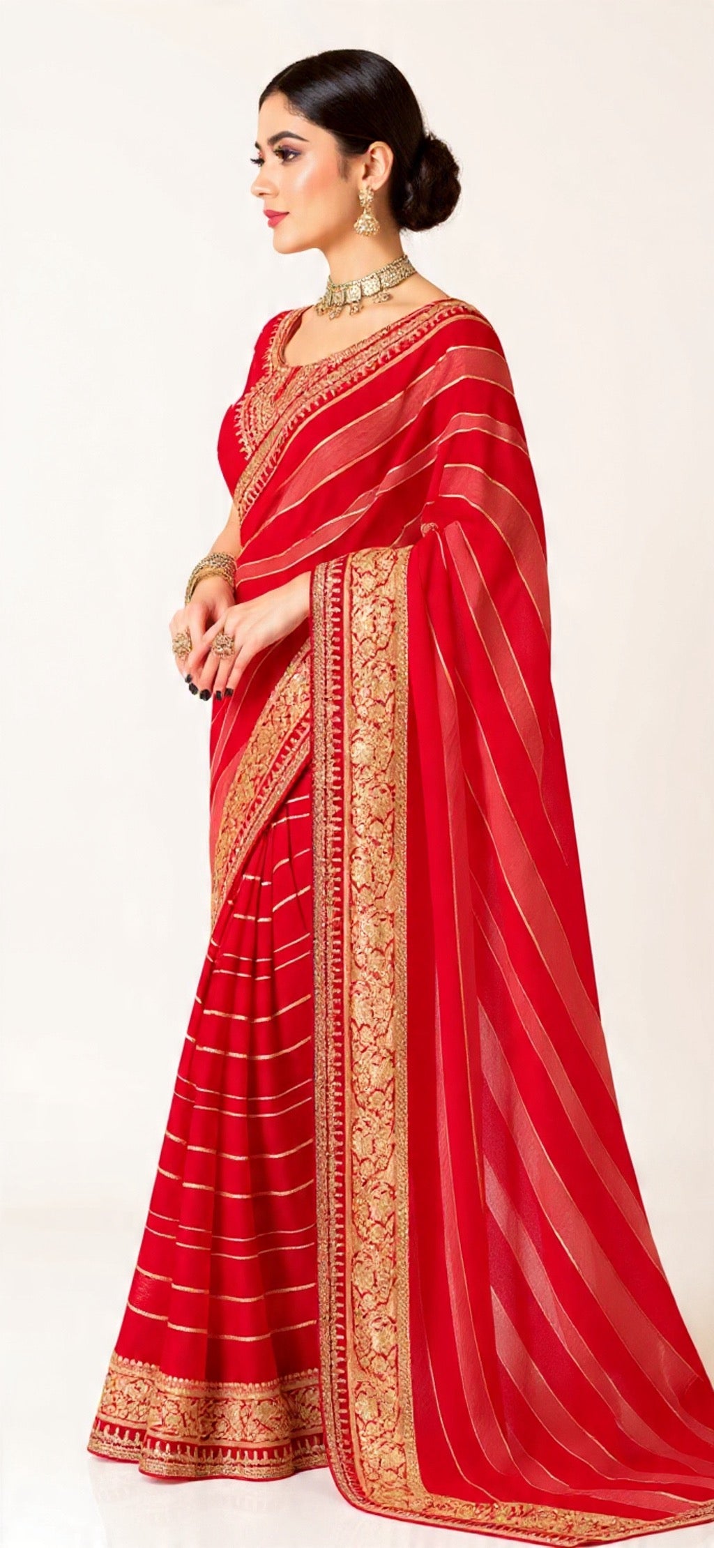 Red Saree with Gold Border Weaving Work - Pooja Textile