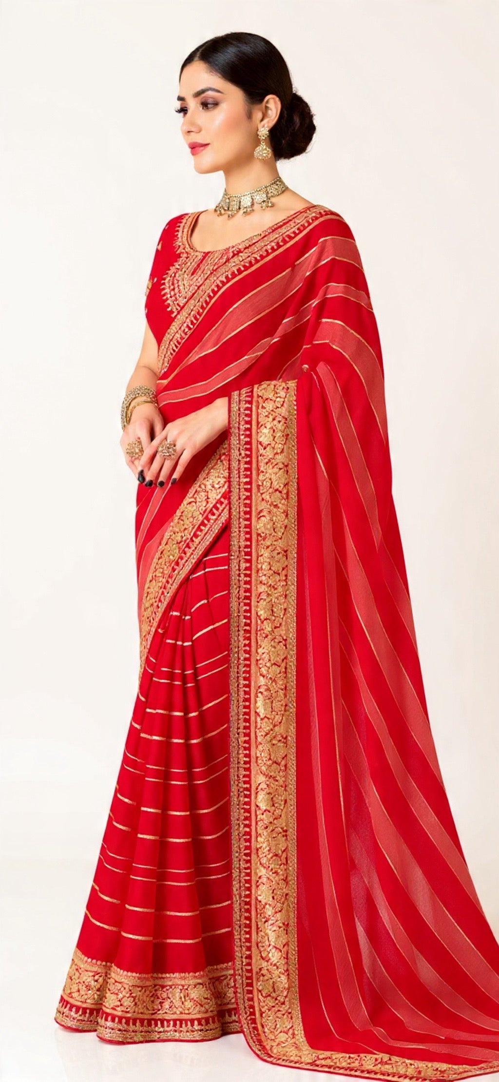 Red Saree with Gold Border Weaving Work - Pooja Textile