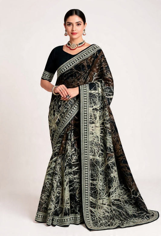 Black and White Embroidery Work Saree - Pooja Textile