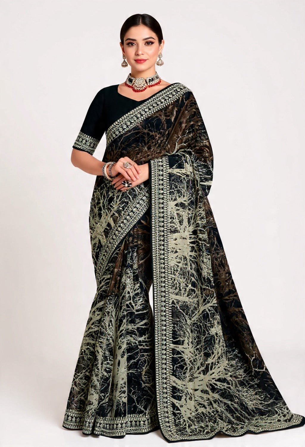Black and White Embroidery Work Saree - Pooja Textile