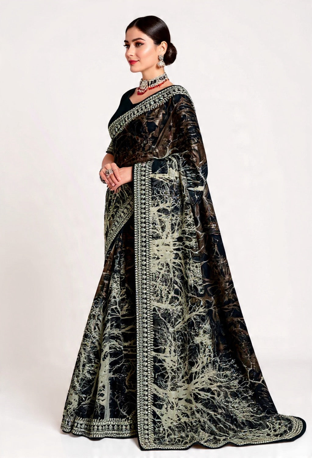 Black and White Embroidery Work Saree - Pooja Textile
