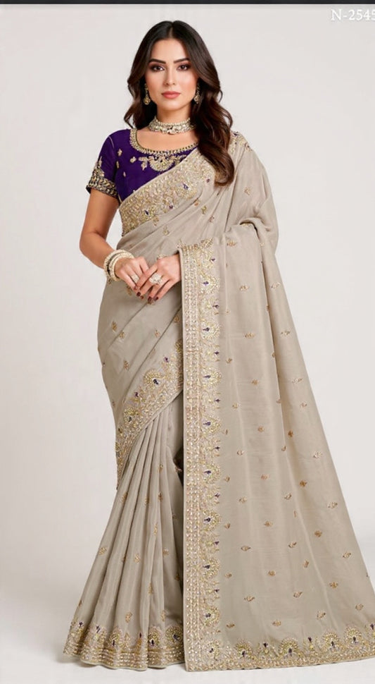 Gray Saree with Gold Embroidery and Purple Blouse - Pooja Textile
